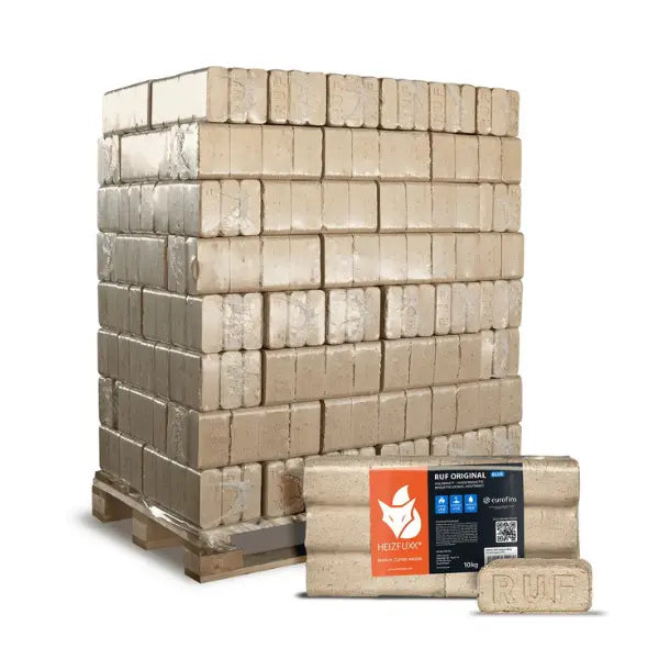 Heizfuxx Weichholzbriketts 960 kg – RUF-Form, 96 x 10 kg, DIN-zertifiziert, Palette