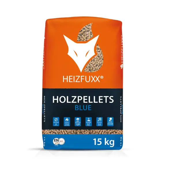Heizfuxx Holzpellets Blau 975 kg Palette (65 x 15 kg) – Hartholz Buche & Eiche, DIN A1 zertifiziert